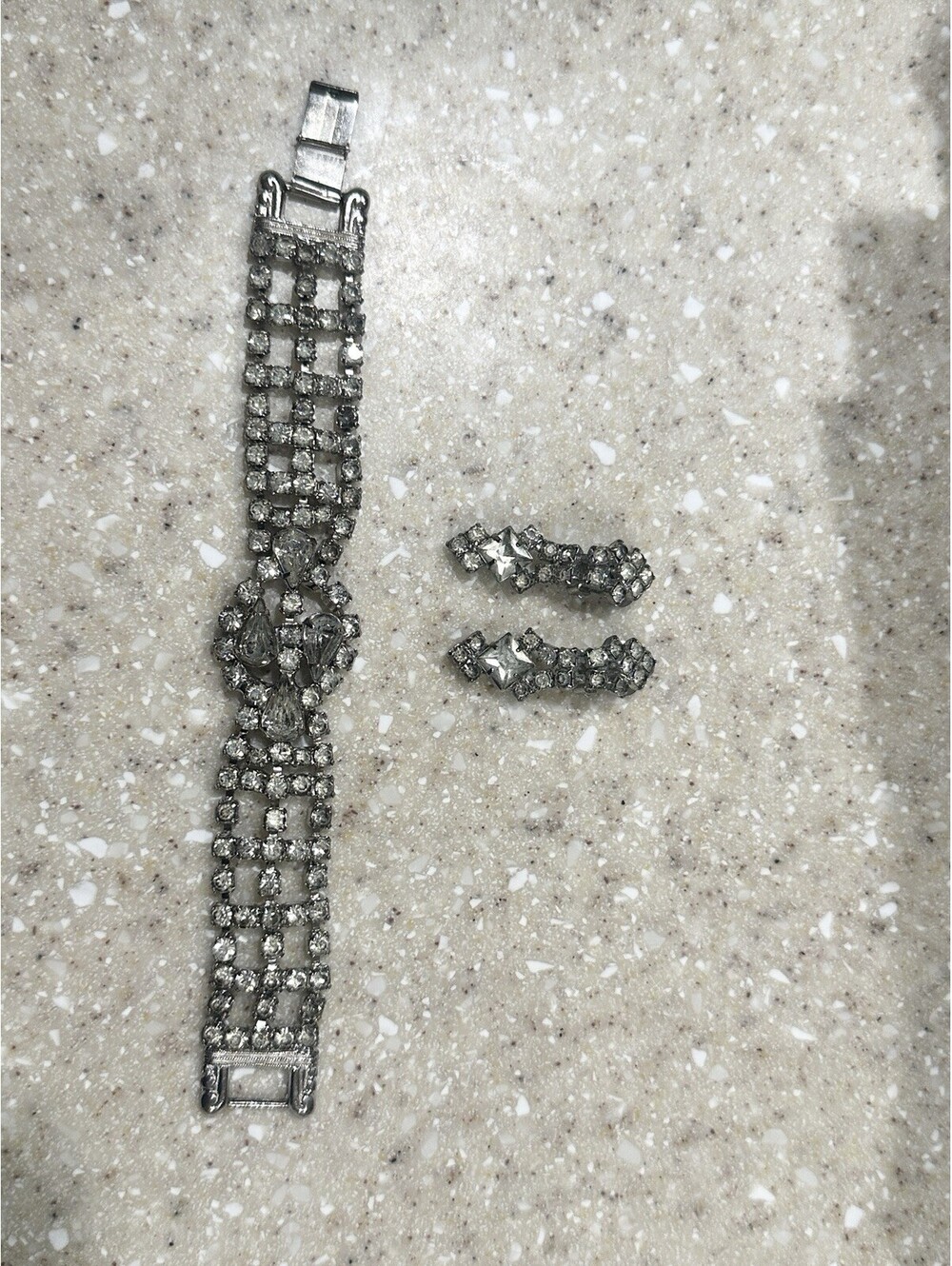 Vintage Rhinestone Bracelet Clip-On Earrings Set Art Deco Glam Costume Jewelry